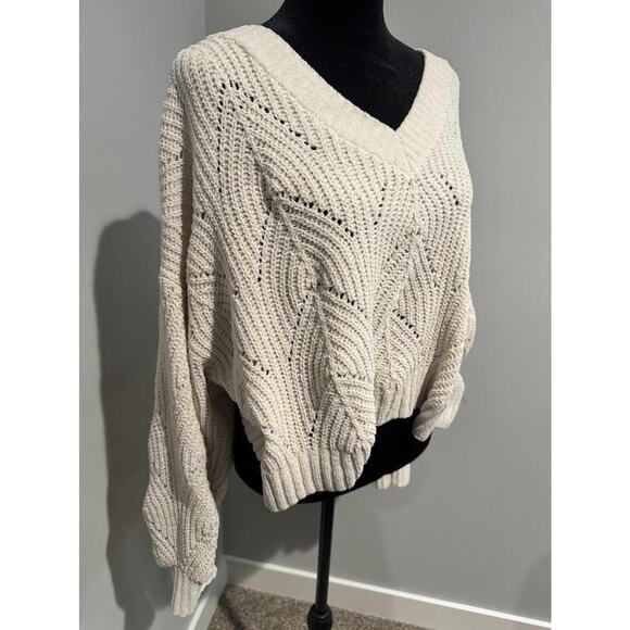 American Eagle Outfitters Sweater Womens Large White Open Knit V Neck Dolman - Picture 2 of 8